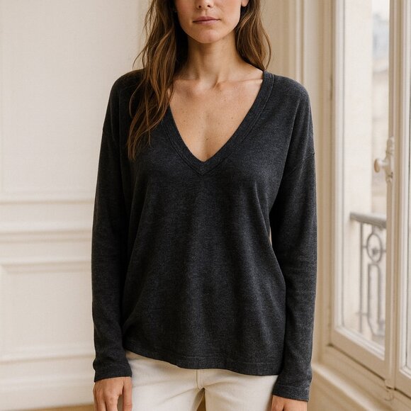 James Perse Black Gray Wide V Neck Knit Crop Top 3 - Picture 1 of 8